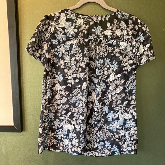 Ann Taylor Sheer Floral Short Sleeve Blouse, Navy Blue & Floral Pattern, Size M - Picture 2 of 8